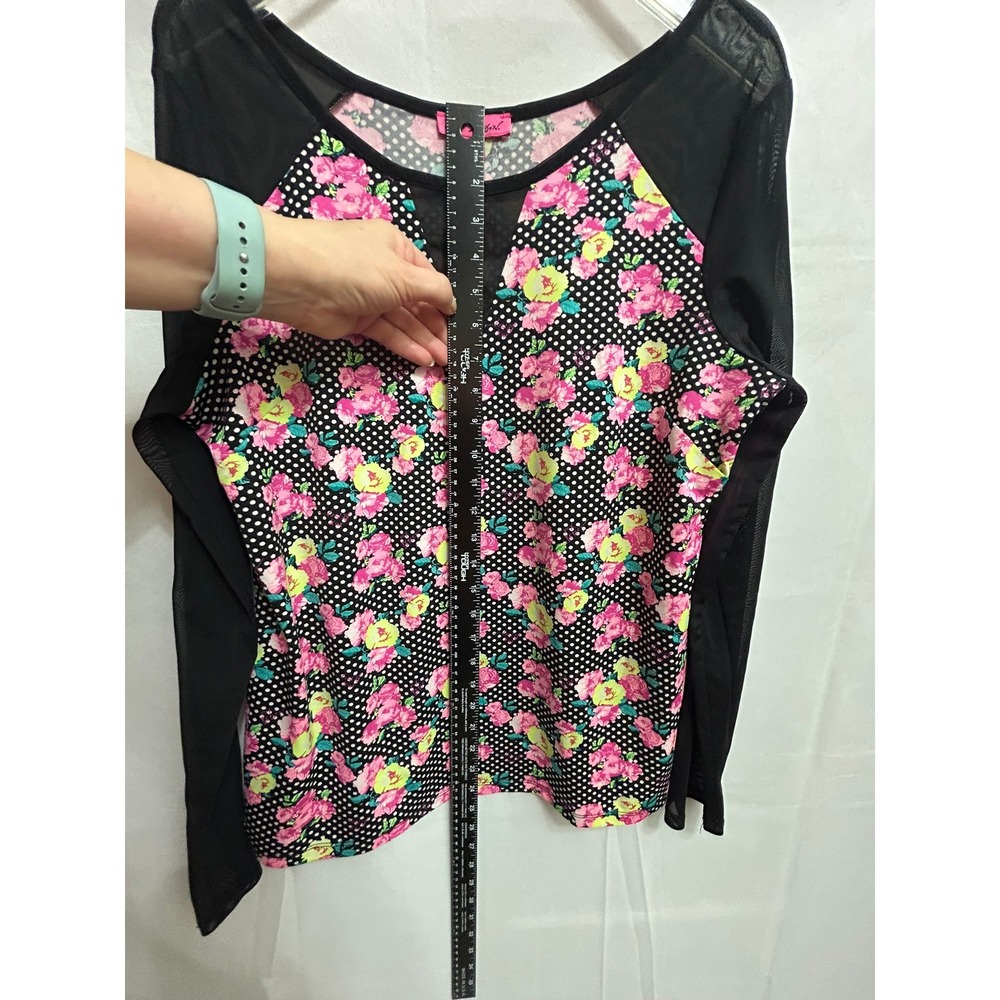 Betsey Johnson Womens XL Floral Polka Dot Mesh Long Sleeve Top Black Pink V-Neck - Picture 4 of 12